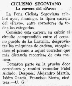 Carrera del Pavo: noventa años sin dar un pedal 2 Noticia aparecida en El Adelantado de Segovia el 23 de diciembre de 1935, primera referencia a la Carrera del Pavo.