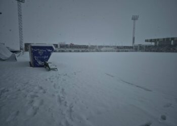 El campo de La Albuera, totalmente cubierto de nieve a primera hora de la mañana del sábado./ JUAN MARTÍN-G. SEGOVIANA