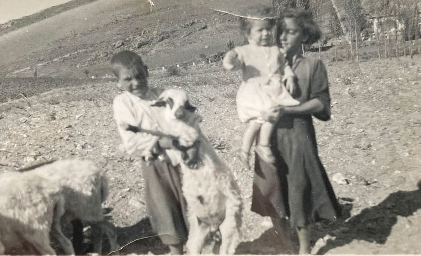 Concha y dos hermanos junto a las ovejas.