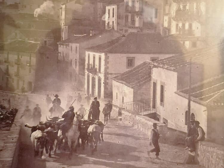 Encierro con caballos de Sepúlveda, con reses bravas y bueyes, en la calle Alfonso VI. / COLECCIÓN NANO ALONSO - FOTO CECIDA POR LA ASOCIACIÓN EL ENCIERRO DE SEPÚLVEDA