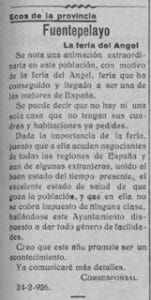 Recorte sobre la feria de El Ángel del Adelantado de Segovia en 1926.