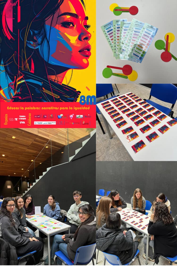 Cartel Narrativas para la igualdad (Eva Álvarez Ramos); momentos y materiales del taller.