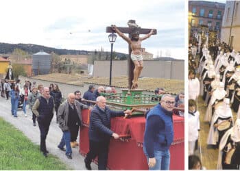 El Cristo del Buen Amor y la Virgen procesionan en Vegas de Matute. Derecha, procesión en Cantalejo./ Ayuntamiento de Vegas de Matute y E.A.