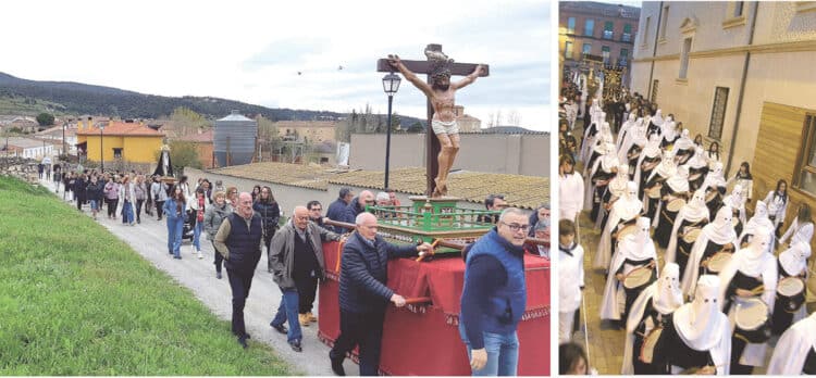 El Cristo del Buen Amor y la Virgen procesionan en Vegas de Matute. Derecha, procesión en Cantalejo./ Ayuntamiento de Vegas de Matute y E.A.