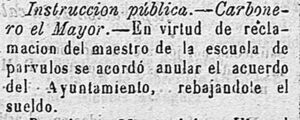 Recorte del sueldo del maestro de párvulos de Carbonero el Mayor en 1873.