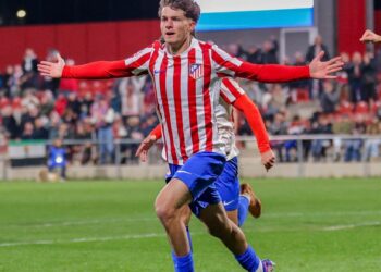Miguel Cubo, celebrando un gol con el Madrileño. / ATL. MADRID