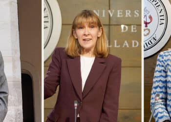 Los tres candidatos al rectorado, Carlos Alberola, Carmen Camarero y Pilar Garcés.