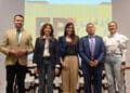 Diego del Pozo, Raquel Alonso, María José Tapia, Alfonso Guerra y Beatriz Serrano, en la presentación. de la Feria de Formación Profesional de Segovia. / Alejandra Serna
