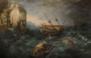 Naufragio frente a una costa rocosa, de Adam Willaerts, 1614.
