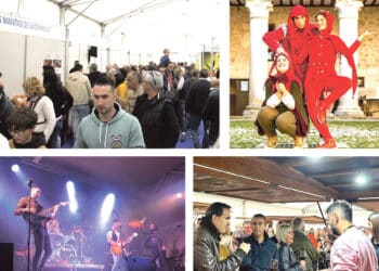 Arriba, público en la feria y actores en el Castillo de Cuéllar. Abajo, Red Pontiac y cata de vinos./ Ayuntamiento de Cuéllar
