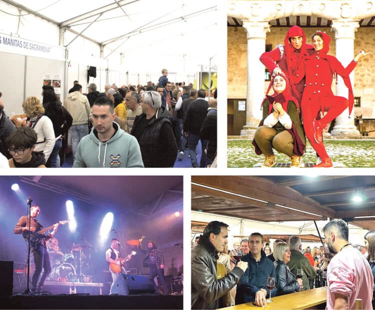 Arriba, público en la feria y actores en el Castillo de Cuéllar. Abajo, Red Pontiac y cata de vinos./ Ayuntamiento de Cuéllar