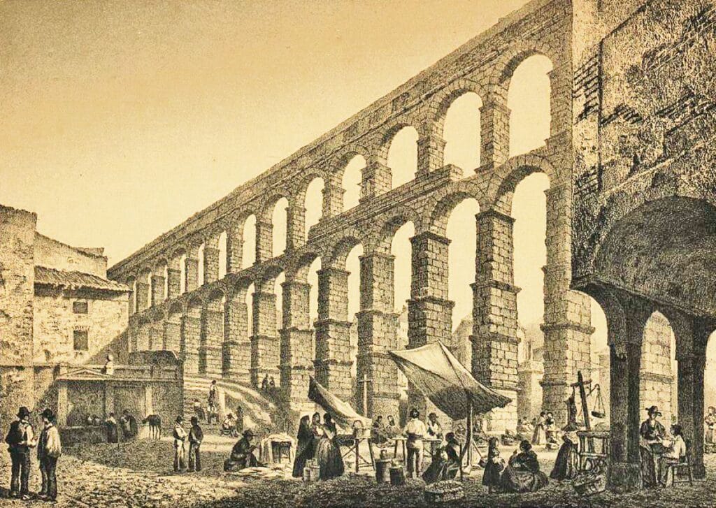 El Acueducto, iglesia de Santa Columba a la izquierda, en 1825.