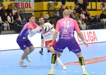 David Fernández busca el lanzamiento en un instante del encuentro entre BM Nava y Logroño en el Guerreros Naveros./AMADOR MARUGÁN