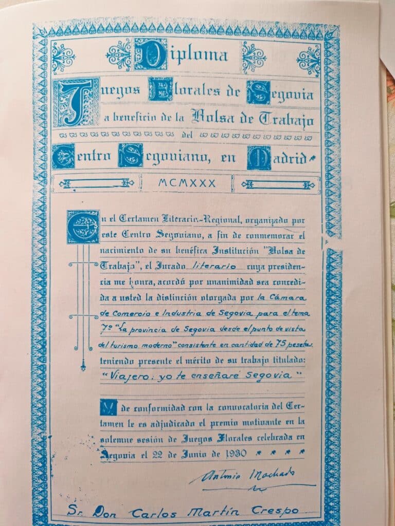 De Juegos Florales y caer agua a cántaros 3 Uno de los diplomas de los Juegos. Lo ganó Carlos Martín; lo entregó A. Machado.