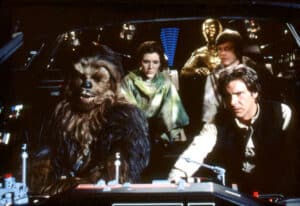Optimismo y esperanza del cine 6 Fotograma de “El retorno del Jedi”, 1983, con Carrie Fisher, Mark Hamill y Harrison Ford.