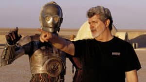 Optimismo y esperanza del cine 4 George Lucas y C3PO en el rodaje de “Star wars: El despertar de la Fuerza”.